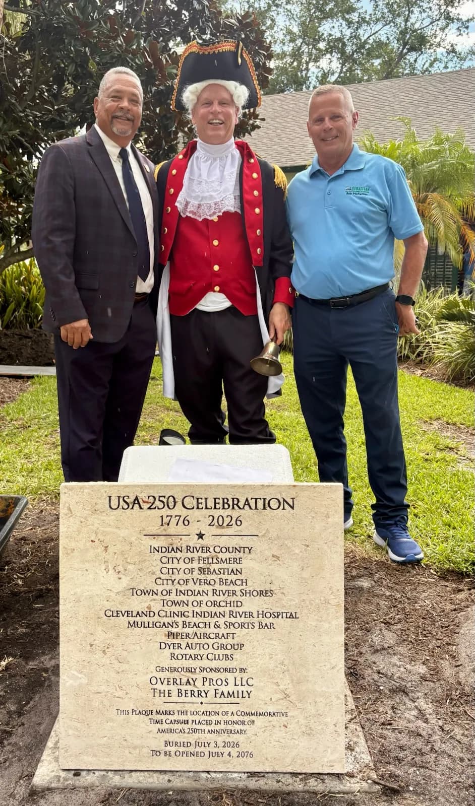 Bob McPartlan, right, at the USA 250 Celebration time capsule dedication in Sebastian
